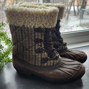 UGG Newberry Brown Leather Plaid Waterproof Boots